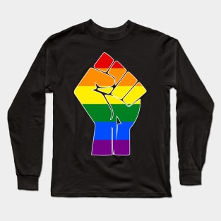 Black Lives Matter Fist LGBT Pride Rainbow (White Outline) Long Sleeve T-Shirt